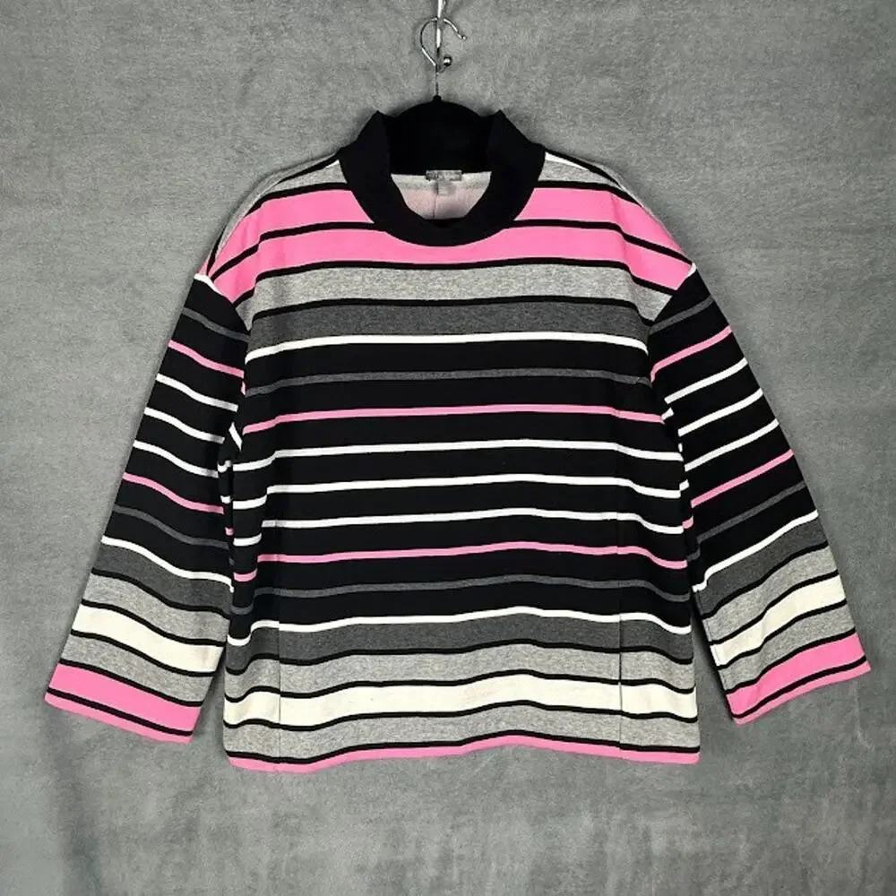 T By Talbots Top Women Extra Large Black Pink Striped Mock Neck Comfy Sweatshirt - Picture 2 of 13